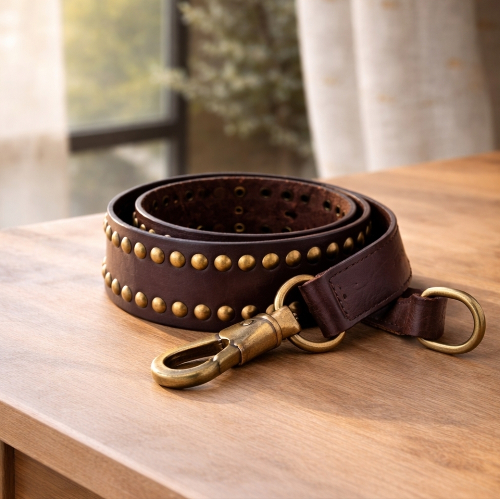 Banana Republic Antique Brass Studded Leather Belt w/ Clip & D-Ring — Dark Brown